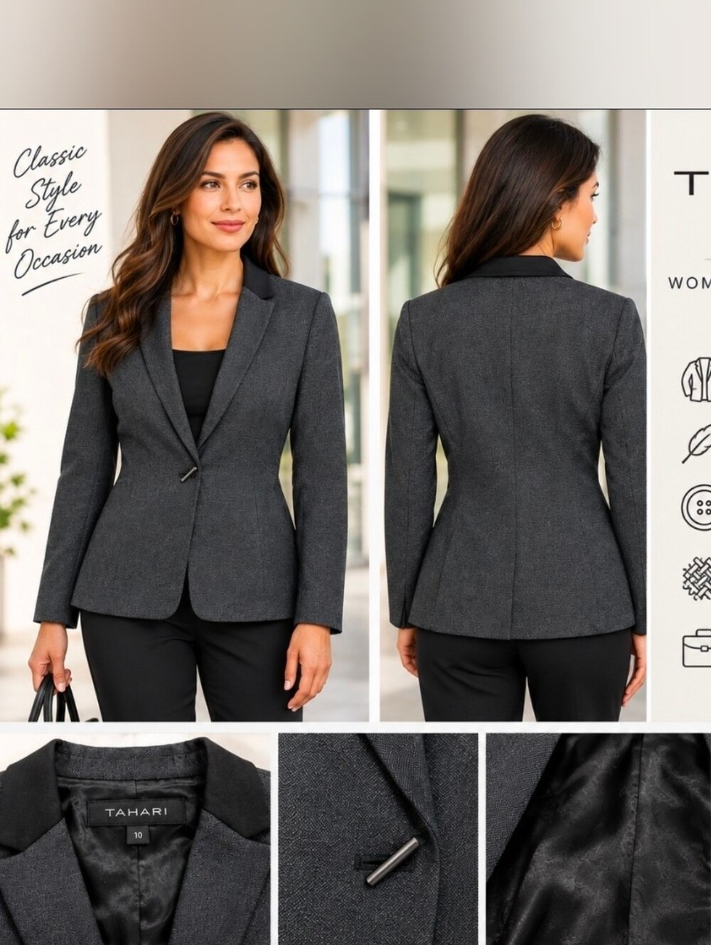 Tahari Carina Charcoal Gray Women One Botton Top Coat Granite Melange Blazer 10